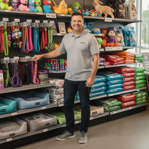 ペット用の新しいおもちゃが並んでいる棚の写真